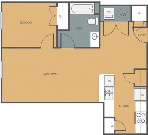 Floor plan for 1 bed, 1 bath, 670 sqft